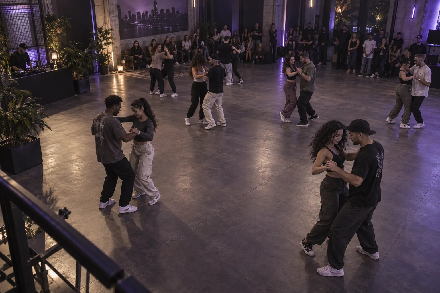 Vista amplia en diagonal de varias parejas bailando bachata en una pista contemporánea.